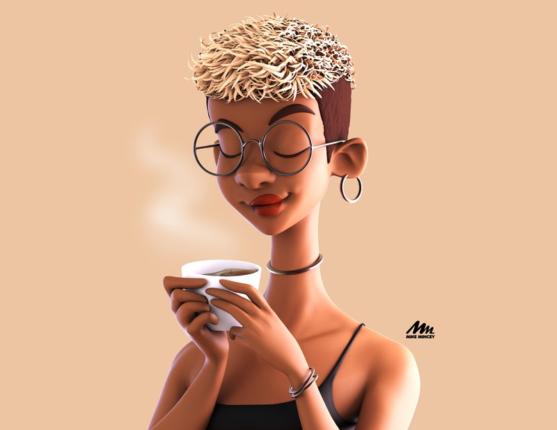 Black woman 3d model drinking coffee and resting by Mike Mincey Art done in zbrush and rendered in keyshot.