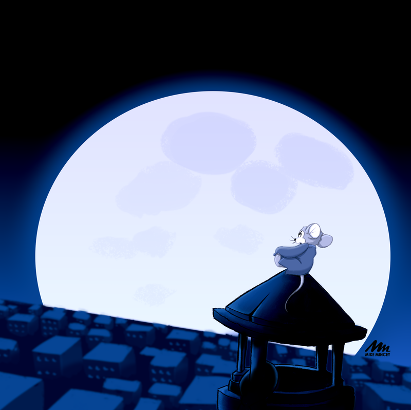 Junetoon 2019, small, digital art by Mike Mincey, Fievel from American Tail, singing somewhere out there, mouse on a roof singing at the moon.